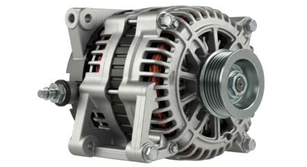 Car alternator, electrical charging system component, transparent PNG background, auto parts.