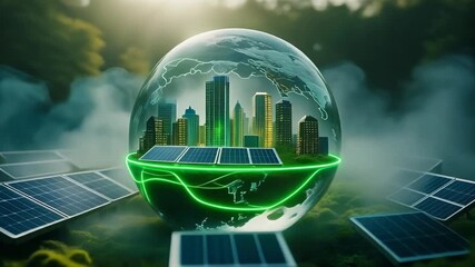 A futuristic globe with a cityscape and solar panels surrounded by green neon lines, set against a backdrop of trees and fog with sunlight shining through. - Powered by Adobe