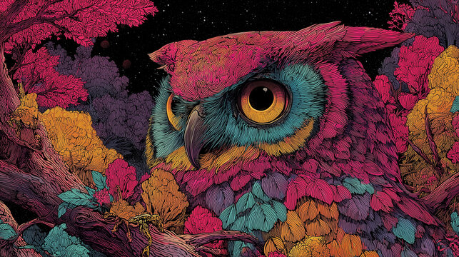 Colorful psychedelic owl in a vibrant fantasy forest