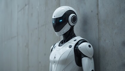 Sleek futuristic robot sentinel standing guard against a concrete wall, embodying innovation and advanced technology for cutting-edge solutions
