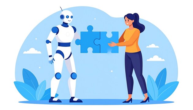 An illustration depicts a human figure and a robot collaborating, holding a jigsaw puzzle piece over a pastel blue background