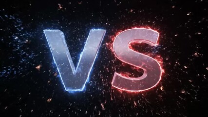 Dynamic video with a silver VS symbol with electric blue and red sparks, perfect for gaming and sports showdowns, competition trailers and reveals