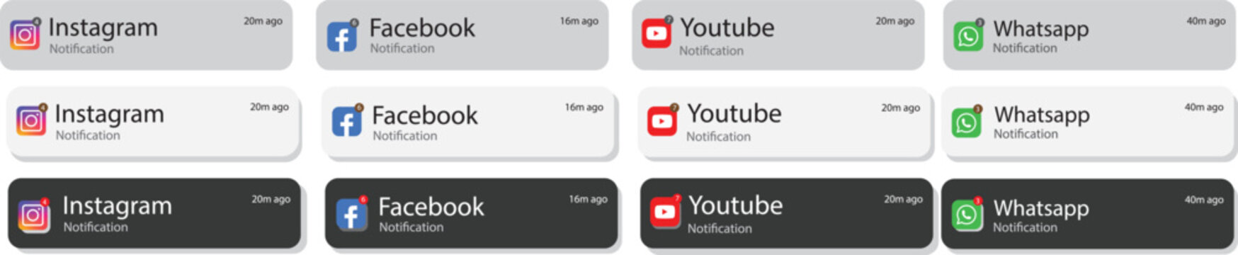 iOS notification mockup. iOS 26 update with liquid glass style notifications. notification UI mockup template. WhatsApp, Facebook, Instagram, YouTube. Transparent glossy alerts, vector UI assets for s