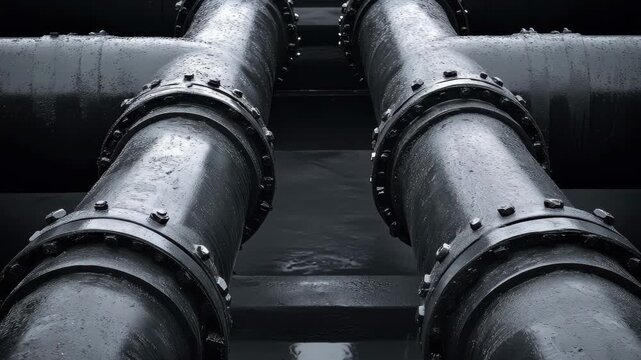 Large black pipes are arranged in a symmetrical pattern within a facility. They are secured with metal bands and illuminated by bright overhead lights, creating a striking visual.