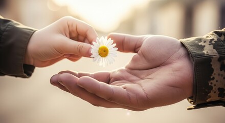 Child's hand giving a daisy flower to a soldier in camouflage military uniform in sunlight