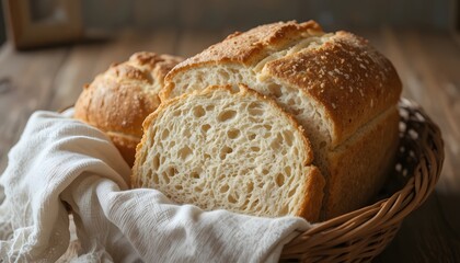 Artisan sliced bread loaf in rustic basket, inviting warm aroma, perfect for breakfast, brunch, or bakery promotions, showcasing quality and homemade goodness
