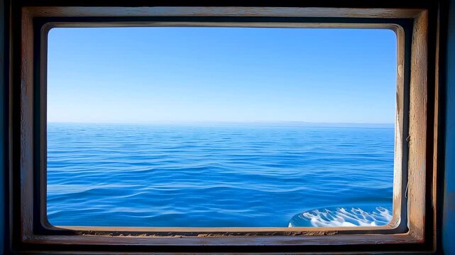 Sea View from the Window: A serene ocean vista is framed by a rustic window, inviting a sense of calm and tranquility with endless blue horizons.