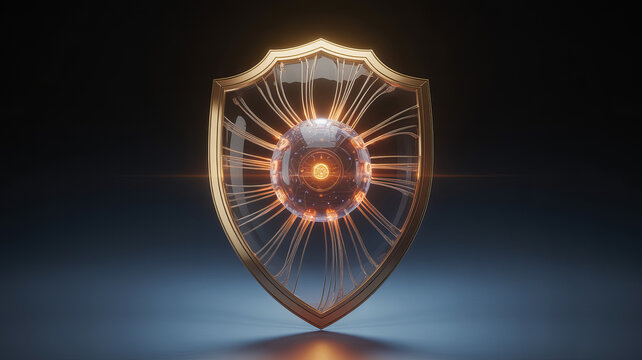 Sophisticated golden shield protecting digital core, guarding vital data and information, ensuring cybersecurity and privacy in the modern age