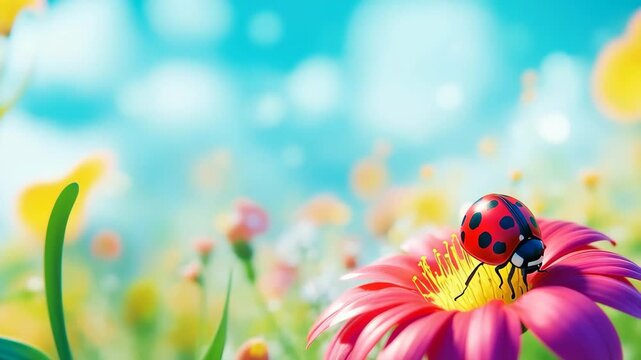 A ladybug with striking red and black spots rests on a bright pink flower at the center of a lush meadow bursting with colorful wildflowers under a clear blue sky.