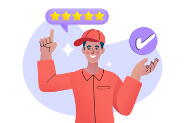 This service concept shows positive customer feedback. A proud worker in a red uniform points to a 5-star review and holds a check mark, representing top quality and a guaranteed best choice.