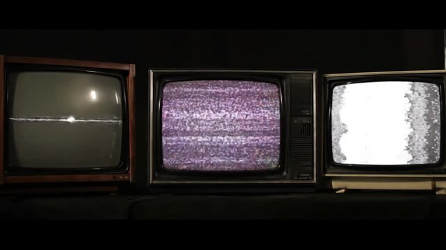 Analog Signal Degradation with three vintage tvs on black background televisions switching green screen chroma key screens for pictures videos or writing tv changing colors noise static bad reception