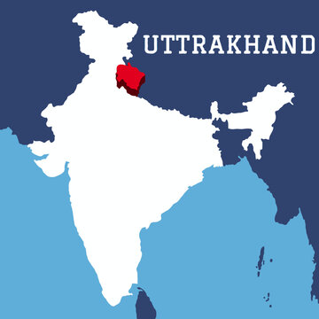 Uttrakhand highlighted 3D map on india map with blue background vector illustration