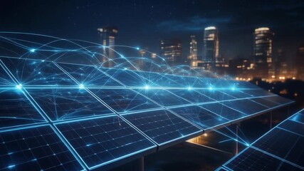 Solar panels on a rooftop with a cityscape in the background at night, featuring a network of glowing blue lines and nodes, conveying a futuristic and sustainable energy concept. - Powered by Adobe