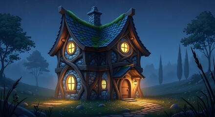 Fototapeta premium Charming fantasy house with glowing windows and mossy roof under a clear starry night sky, illuminated cobblestone path