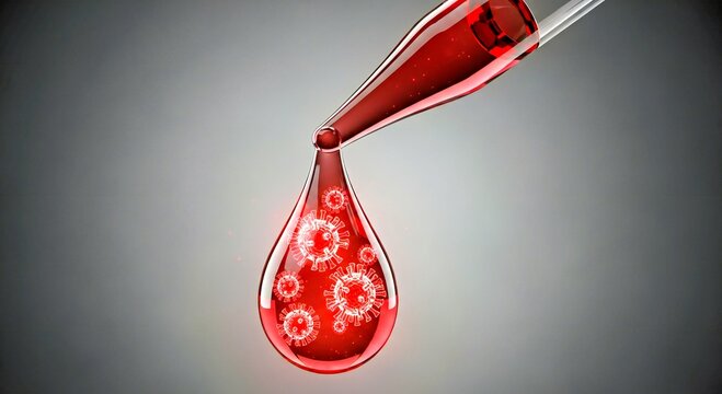 Stylized Pipette Droplet with Embedded Translucent Red Virus Meshes