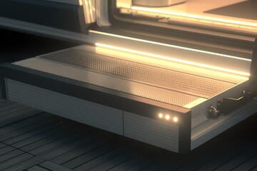 long rectangular stainless steel mesh storage box with bottom light strips under open car trunk, illuminated interior detail, industrial and automotive accessory