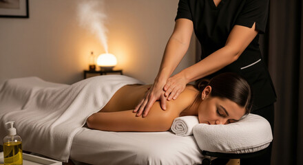 Professional massage therapist applying deep tissue massage techniques to client lying on massage table with towel, therapeutic bodywork for muscle relief and relaxation, rehabilitation