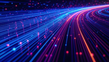 Fototapeta premium Glowing fiber optic cables transmit high-speed digital data through futuristic darkness