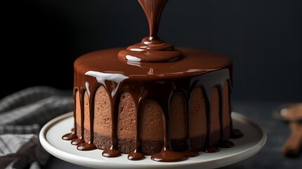 smooth chocolate drip cake on stand
