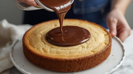glazing a vanilla cake with chocolate ganache