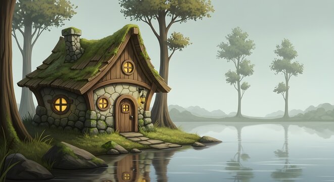 Enchanted forest cottage by a tranquil lake with mossy roof, round windows, and reflective water fantasy illustration - Powered by Adobe