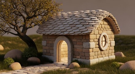 Charming whimsical stone house with arched doorway, round window, shingle roof on a grassy hill, winding path, green tree.