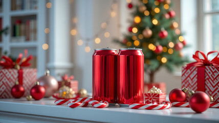 Bright Red Aluminum Soda Cans Mockup on Christmas Mantle with Festive Decorations and Tree Lights, Ideal for Holiday Product Promotion and Advertising