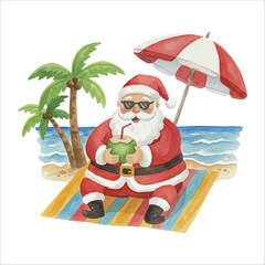 Santa Drinking Coconut Watercolor Vector Clipart
