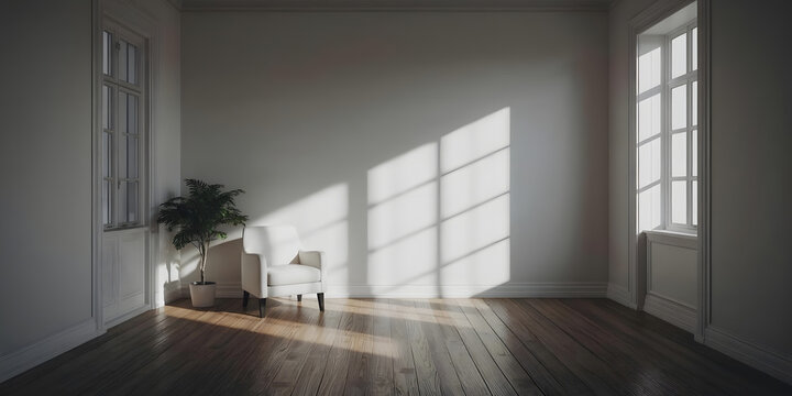 a minimalist, bright white room with a high ceiling and large windows on the left and right