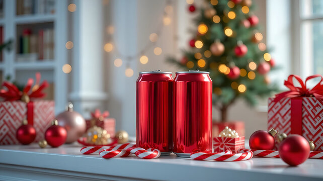 Bright Red Aluminum Soda Cans Mockup on Christmas Mantle with Festive Decorations and Tree Lights, Ideal for Holiday Product Promotion and Advertising