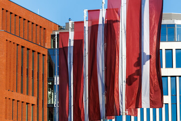 Latvian National Flag Displayed in the Streets of Riga, Latvia