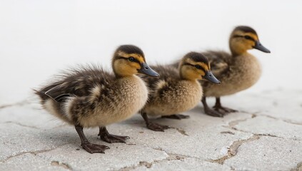 Adorable baby ducklings walking together on pavement, fluffy yellow and brown chicks in line, closeup animal group outdoors