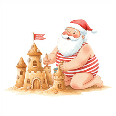 Santa Building Sandcastle Watercolor Vector Illustration
