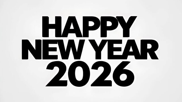 Bold kinetic typography letters sliding in from all sides to form &lsquo;HAPPY NEW YEAR 2026&rsquo;, clean white background
