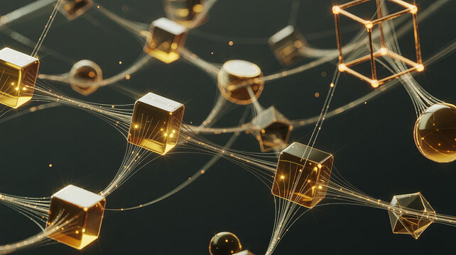 Modern blockchain network concept with glowing golden cubes and spheres connected by data streams for technology or finance, conveying secure digital connections