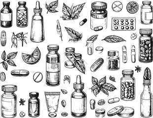 Hand Drawn Medicine Vials and Pills Set 