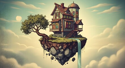 Whimsical house and ancient tree on a fantastical floating island with a waterfall, suspended in a cloudy sky.