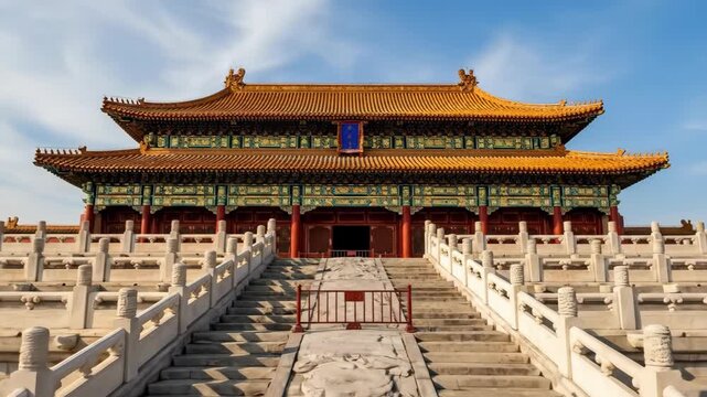 Majestic sunrise over ancient palace courtyard with ornate architecture
