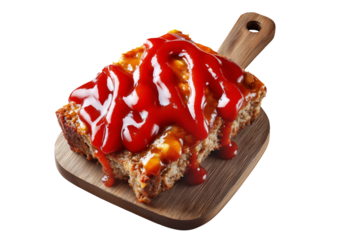 Meatloaf slice topped with ketchup and garnished with parsley on wooden plate, isolated on white transparent background, concept of homemade comfort food