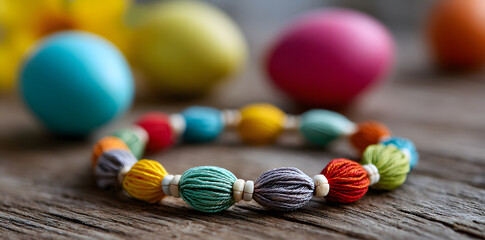 Handmade colorful yarn and bead bracelet resting on an old wooden table, featuring easter eggs in the background, beautifully capturing a rustic diy craft project for a vibrant spring holiday decor.