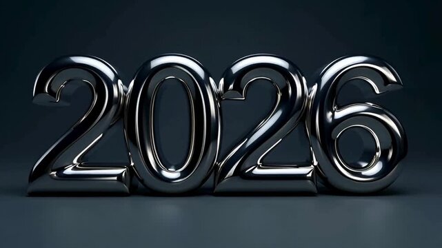 Liquid metal typography morph molten silver flowing and transforming into &lsquo;2026&rsquo;, hyper-realistic reflecttion