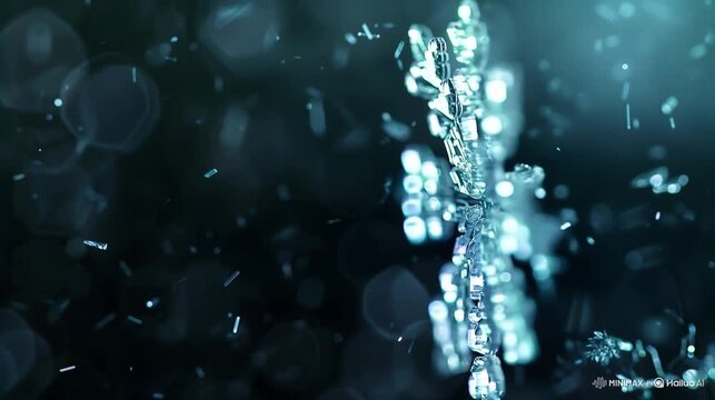 Macro Ice Snowflake with Falling Frost Particles and Dark Winter Bokeh