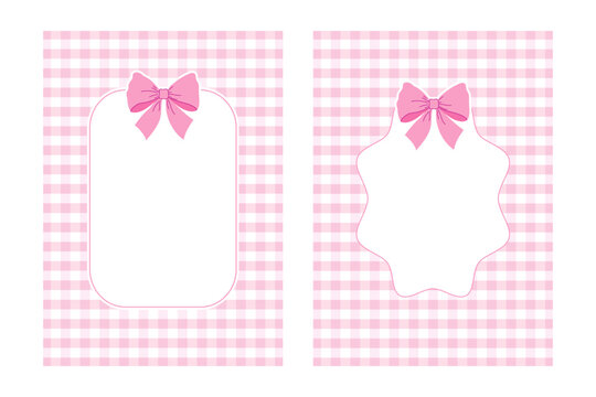 Two pink gingham cards with a white frame accented by two top bows. Great vector template for baby shower and feminine designs.