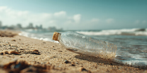 Close-up of a plastic water bottle discarded on a sandy beach with the blue sea in the background, clearly illustrating the global issue of marine pollution and environmental waste.