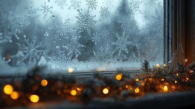 Frosty window with snowy outdoor view and warm Christmas decor