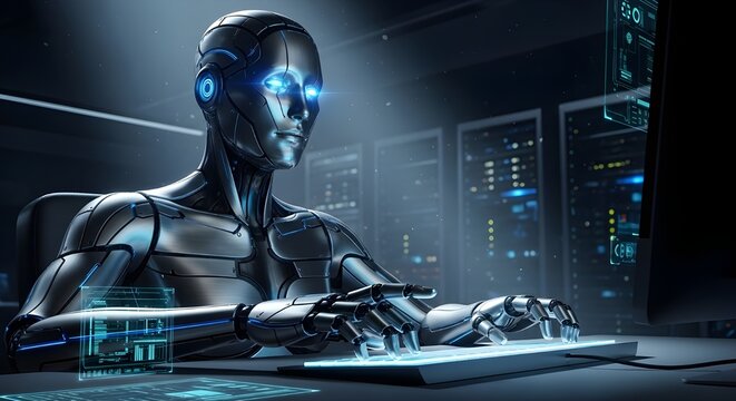 A realistic humanoid robot typing on a keyboard in a bright modern office, highlighting advanced robotics, human-machine interaction, and detailed mechanical design. - Powered by Adobe