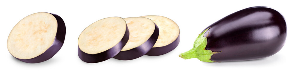 fresh eggplant with slices isolated on white background. clipping path