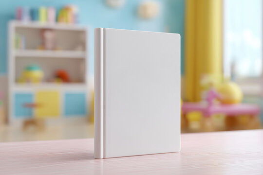 Blank white children’s book standing upright in bright colorful playroom with soft daylight ambiance
