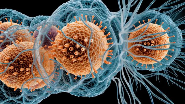Swirling mitochondrion cell structure with vibrant orange and blue hues, dynamic energy, science, biology, microscopic organelle, and detailed