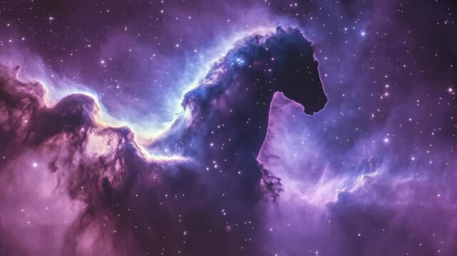 A nebula resembling the silhouette of a horse head floats amidst a vast expanse of colorful gas and countless stars, creating an enchanting cosmic vista.